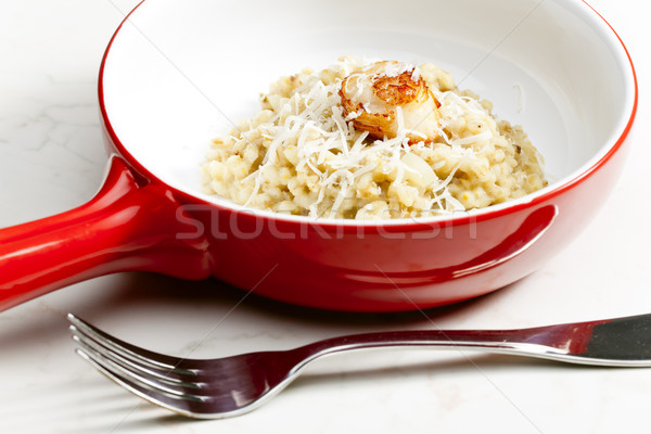 fried Saint Jacques mollusc with pearl barley risotto Stock photo © phbcz