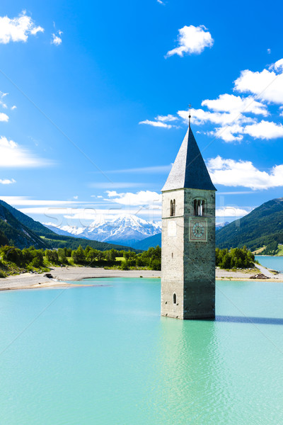 tower of sunken church in Resia lake, South Tyrol, Italy Stock photo © phbcz