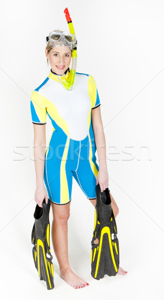 standing young woman wearing neoprene with snorkeling equipment Stock photo © phbcz