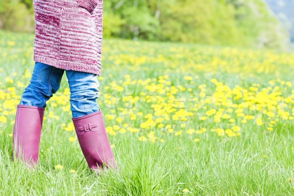 Foto stock: Detalle · mujer · botas · de · goma · primavera · pradera