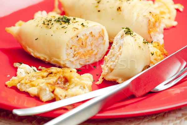 Sépia saumon riz alimentaire couteau fourche Photo stock © phbcz