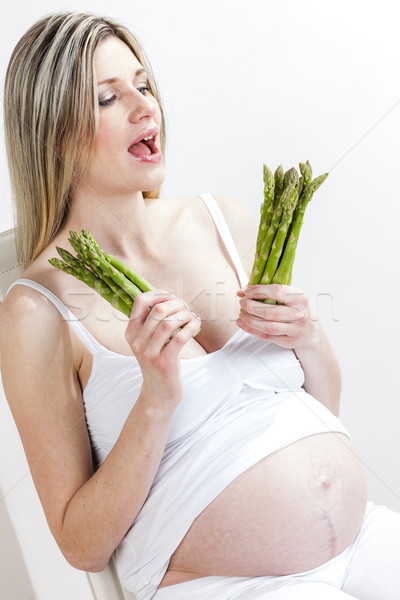 Foto stock: Retrato · mulher · grávida · verde · espargos · comida