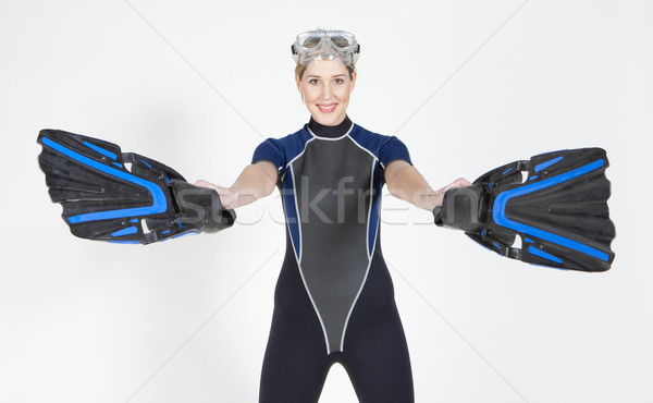 Portré nő visel búvárkodik védőszemüveg sport Stock fotó © phbcz