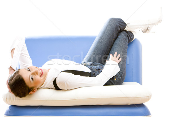 Vrouw sofa jonge alleen jeugd vrouwelijke Stockfoto © phbcz