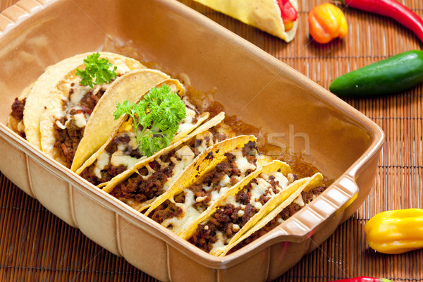 Sült taco hús sajt tányér étel Stock fotó © phbcz