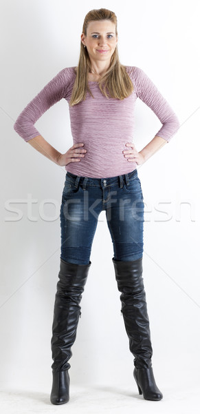 Stockfoto: Permanente · vrouw · jeans · zwarte · laarzen