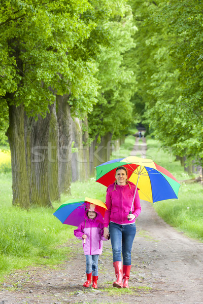 Imagine de stoc: Mamă · fiica · umbrele · primăvară · alee · femeie