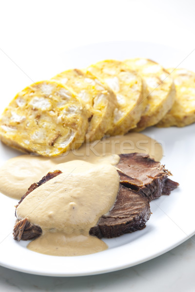 Vesepecsenye krém tányér hús étel edény Stock fotó © phbcz
