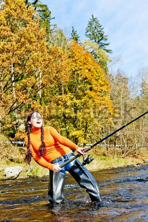 Foto stock: Mulher · pescaria · rio · República · Checa · mulheres · outono