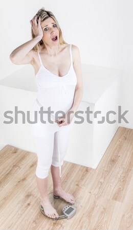 Mulher grávida lingerie em pé peso escala Foto stock © phbcz