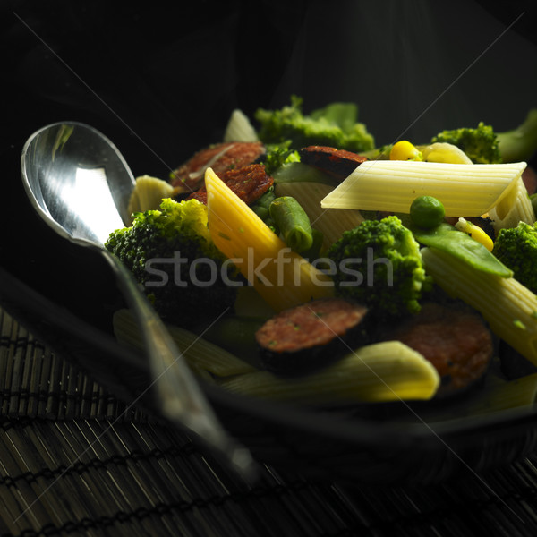 penne pasta with green vegetables and sausages Stock photo © phbcz
