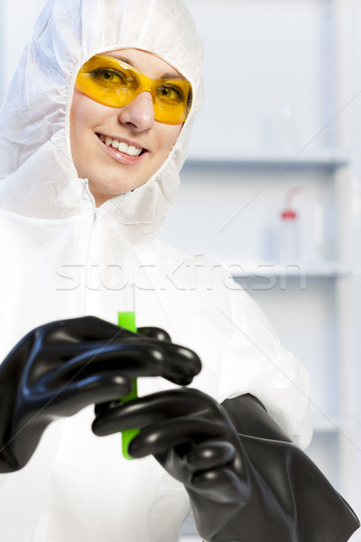 [[stock_photo]]: Jeune · femme · manteau · laboratoire · femmes · verres