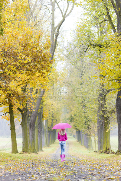 woman wearing rubber boots with umbrella in autumnal alley Stock photo © phbcz