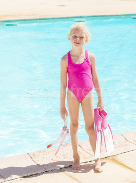 Kislány snorkeling felszerlés úszómedence lány sport Stock fotó © phbcz