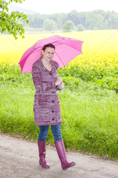 Frau tragen Gummistiefel Dach Frühling Natur Stock foto © phbcz