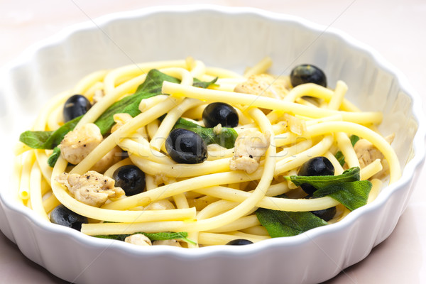 macaroni with chicken meat and black olives on sage Stock photo © phbcz