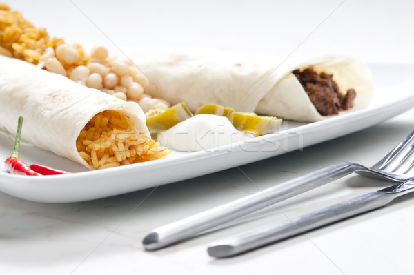 beef burritos with beans and rice Stock photo © phbcz
