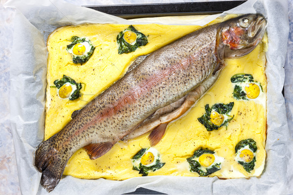 форель лосося шпинат яйца пластина Сток-фото © phbcz