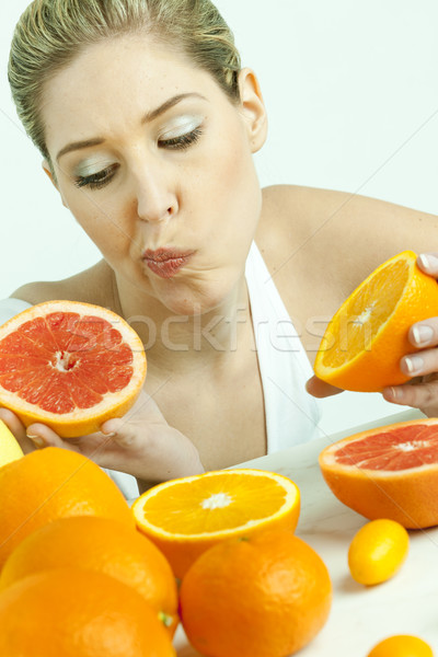 Foto stock: Retrato · mulher · jovem · citrinos · comida · mulheres · jovem