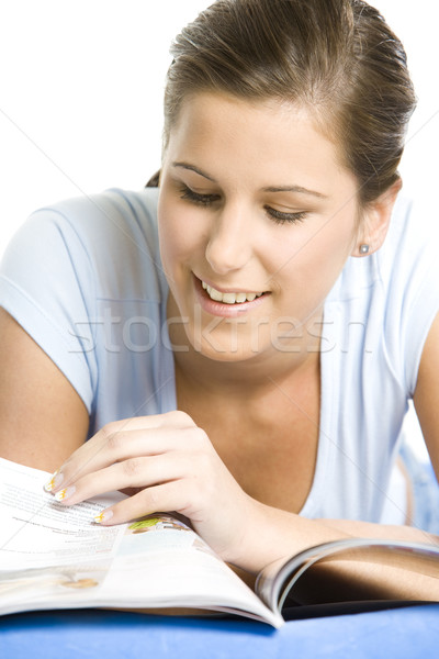 Foto stock: Retrato · mulher · jornal · relaxar · leitura