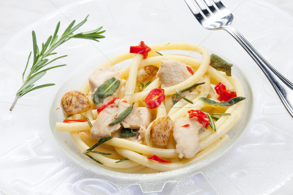 macaroni with turkey meat on sage with rosemary and chilli Stock photo © phbcz