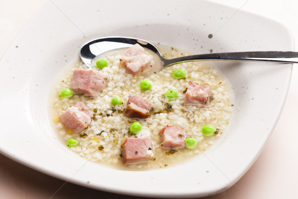 smoked meat bouillon with pearl barley and peas Stock photo © phbcz