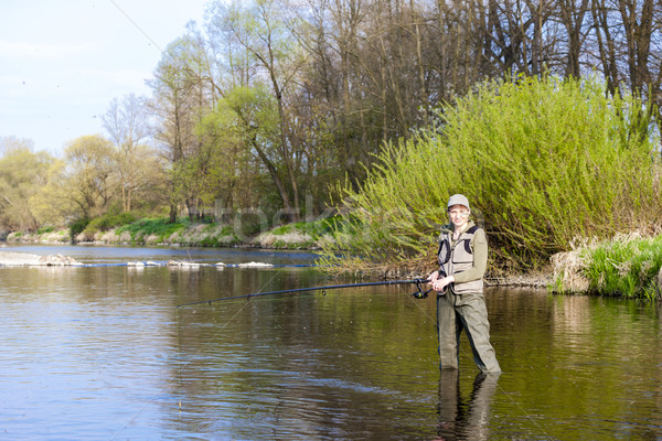 Frau Fischerei Fluss Frühling Frauen entspannen Stock foto © phbcz