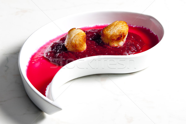 fried Saint Jacques molluscs on mashed red beet Stock photo © phbcz
