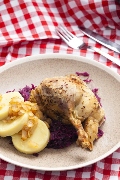 duck meat with potato dumlings and red cabbage Stock photo © phbcz