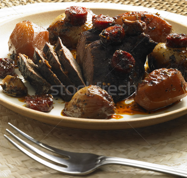 [[stock_photo]]: Sanglier · vin · rouge · alimentaire · viande · fourche · plats