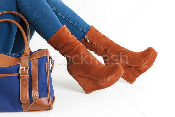 detail of sitting woman wearing fashionable platform brown shoes Stock photo © phbcz