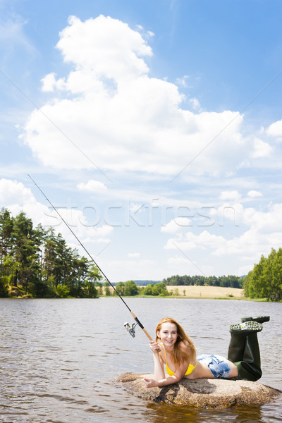 Stock foto: Fischerei · Teich · Sommer · Frau · bikini