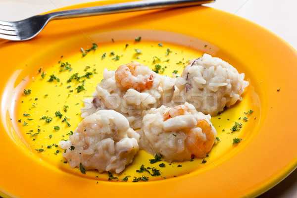 Włoski risotto owoce morza tablicy widelec ryżu Zdjęcia stock © phbcz