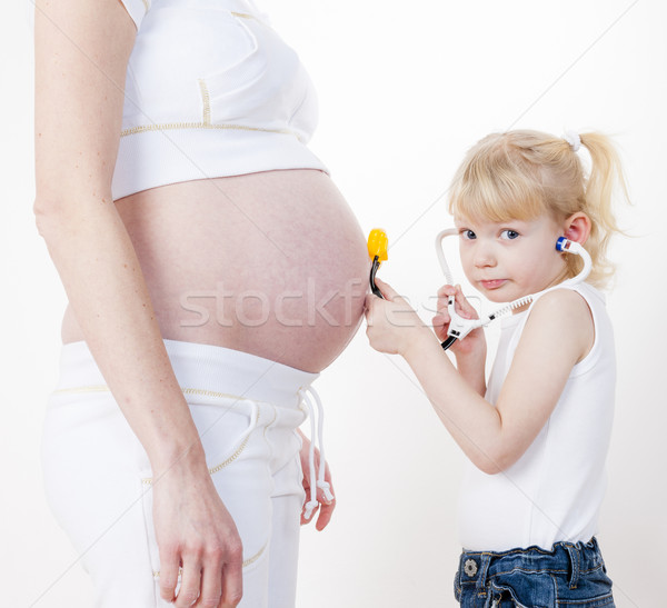 little girl caring after her pregnant mother Stock photo © phbcz