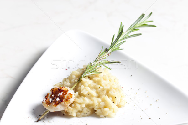 grilled Saint Jacques mollusc on rosemary needle with risotto Stock photo © phbcz