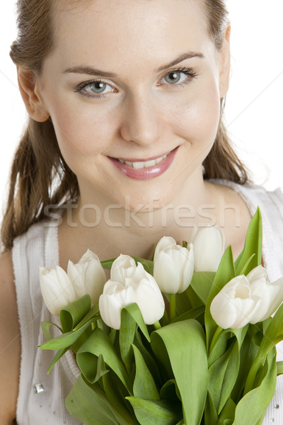 Portret vrouw tulpen bloem bloemen tulp Stockfoto © phbcz