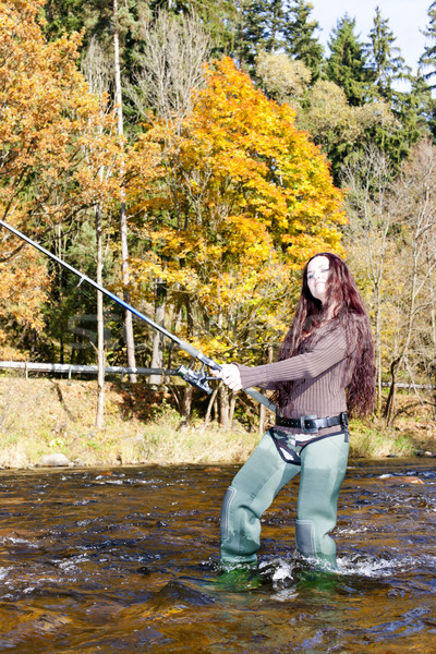 Foto stock: Mulher · pescaria · rio · República · Checa · mulheres · outono