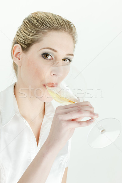 Portre genç kadın tatma beyaz şarap kadın cam Stok fotoğraf © phbcz