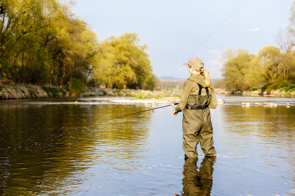 женщину рыбалки реке весны женщины расслабиться Сток-фото © phbcz