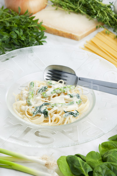 pasta linguine with spinach and asparagus (pasta primavera) Stock photo © phbcz