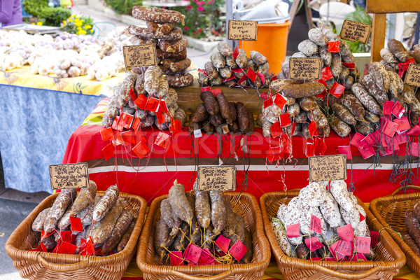 sausages, market in Nyons, Rhone-Alpes, France Stock photo © phbcz