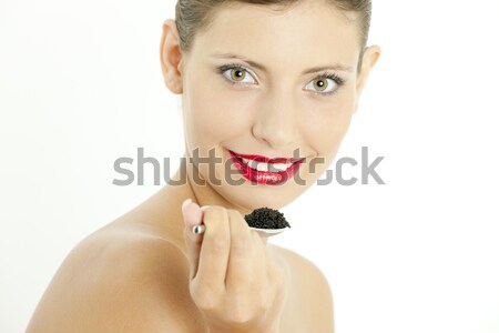 [[stock_photo]]: Portrait · femme · noir · caviar · jeunes · manger