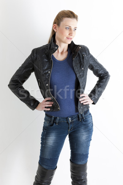 Stockfoto: Portret · permanente · vrouw · jeans · zwarte