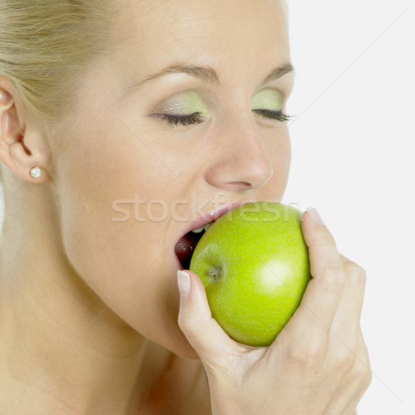 Foto stock: Mulher · maçã · saúde · frutas · jovem · sozinho