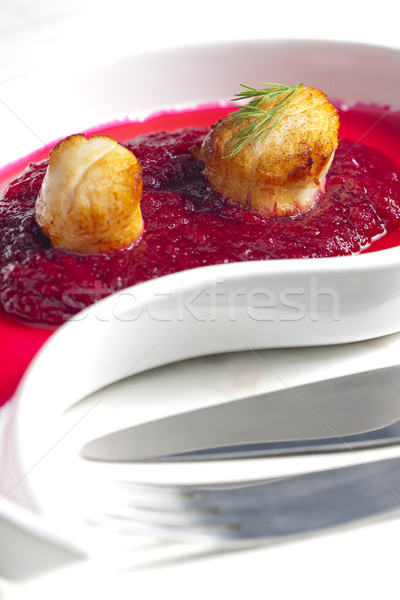 Stock photo: fried Saint Jacques molluscs on mashed red beet