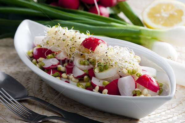 Radijs salade luzerne voedsel gezondheid vork Stockfoto © phbcz