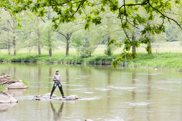 woman fishing in Sazava river, Czech Republic Stock photo © phbcz