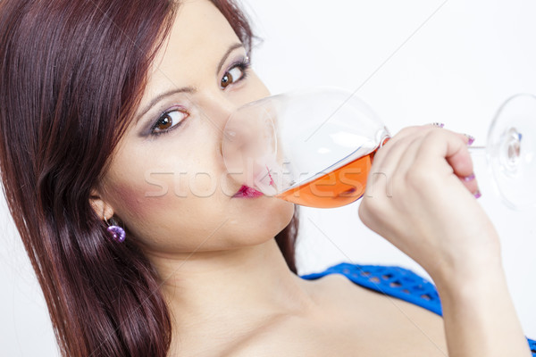 Stockfoto: Portret · jonge · vrouw · drinken · steeg · wijn · vrouw