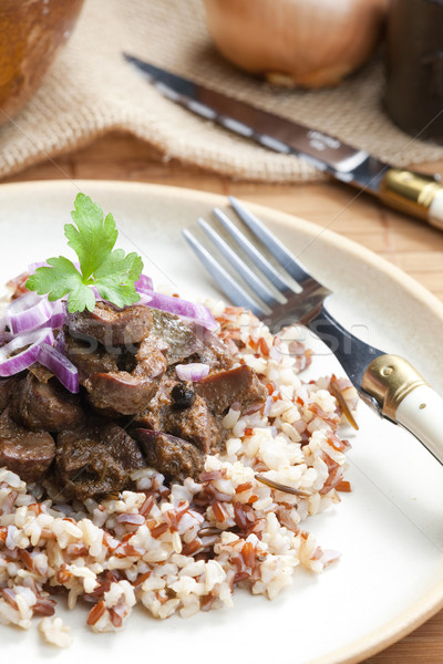 Foto stock: Cerdo · riñón · cebolla · arroz · alimentos