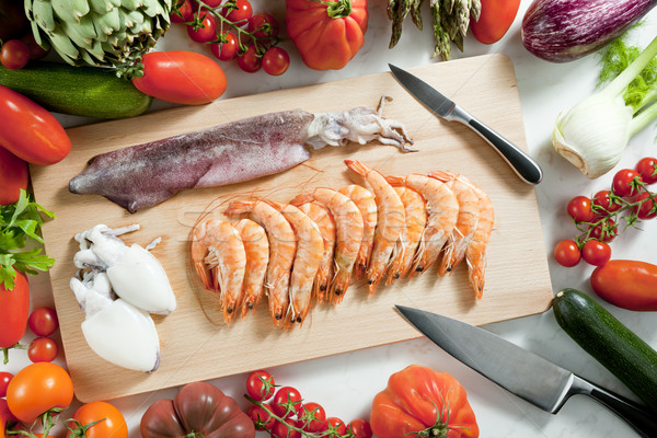 Stock photo: still life of raw seafood and vegetables